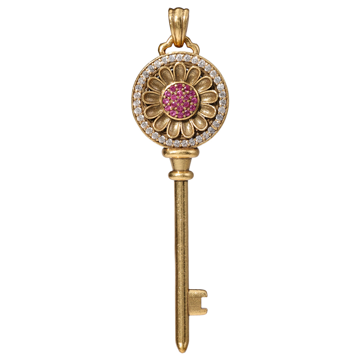 NE-PD-0022 Silver Floral Key Pink Stone Double-Sided Pendant