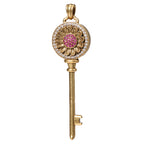 NE-PD-0022 Silver Floral Key Pink Stone Double-Sided Pendant