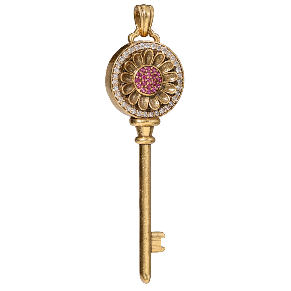 NE-PD-0022 Silver Floral Key Pink Stone Double-Sided Pendant