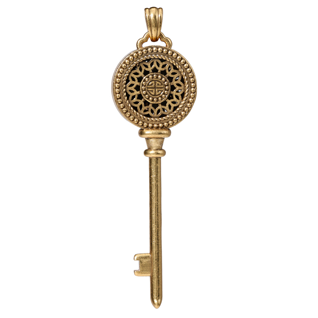 NE-PD-0022 Silver Floral Key Pink Stone Double-Sided Pendant