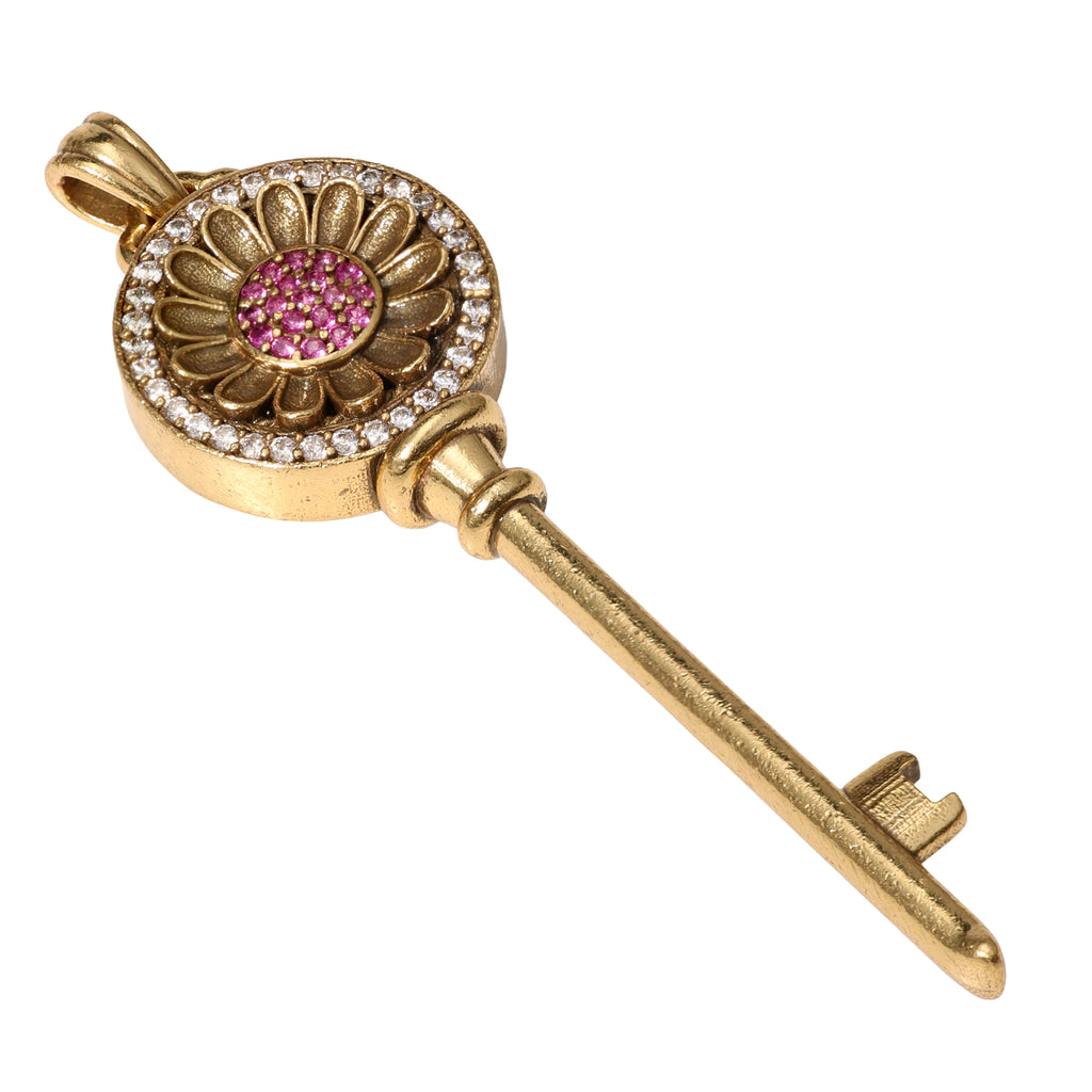NE-PD-0022 Silver Floral Key Pink Stone Double-Sided Pendant