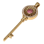 NE-PD-0022 Silver Floral Key Pink Stone Double-Sided Pendant